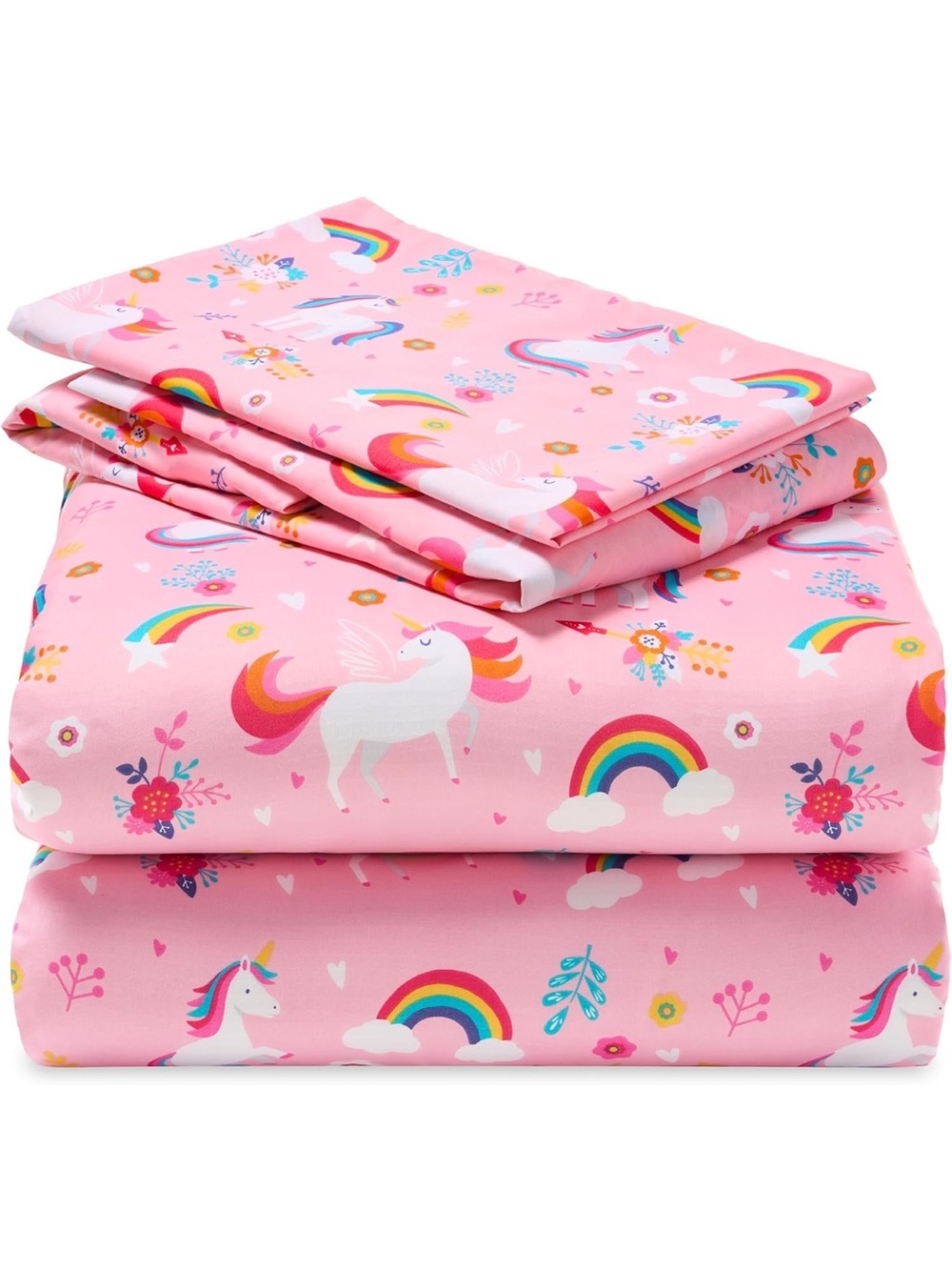 🩷 Pink Unicorn & Rainbow Kids TWIN Sheet & Pillowcase Set NEW